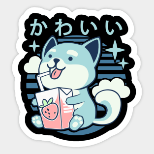 Kawaii Aesthetics Japanese Strawberry Milk Shake かわいい Dog - Blue - Strawberry Milk Sticker